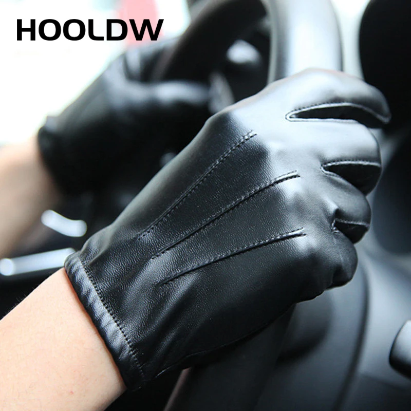 HOOLDW New Winter Gloves Men Women Black PU Leather Cashmere Warm Driving Gloves Mittens Touch Screen Waterproof Tactical Gloves - Image 2