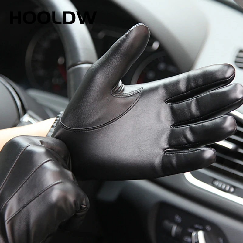 HOOLDW New Winter Gloves Men Women Black PU Leather Cashmere Warm Driving Gloves Mittens Touch Screen Waterproof Tactical Gloves - Image 4